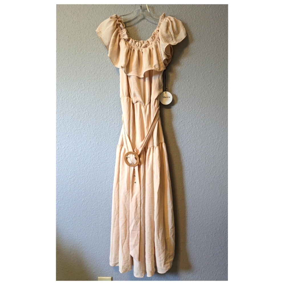 Shero Off or On the Shoulder Beige Tiered Maxi Long Dress Sz. M NWT
